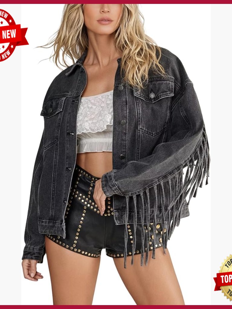 Oversized Denim Jacket With Fringe Tassels Cowgirl Western Style